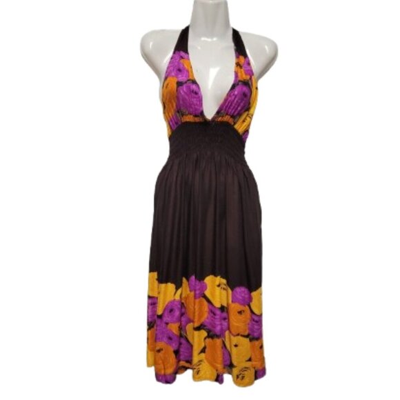 Halter Colorful Dress Summer Halter Dress in Purple and Orange Floral Print - Picture 1 of 16